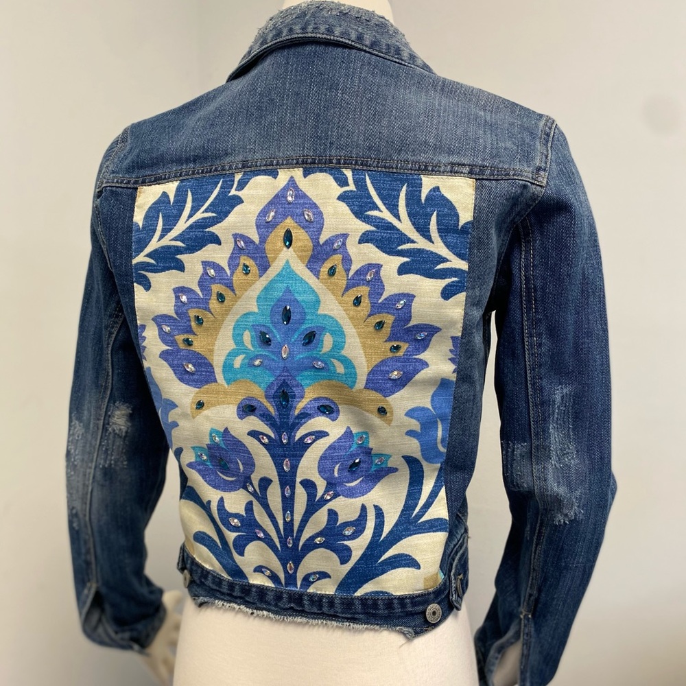 Handmade Denim Jean Jacket S Embellished Back Crystals Seed Beads Unique New